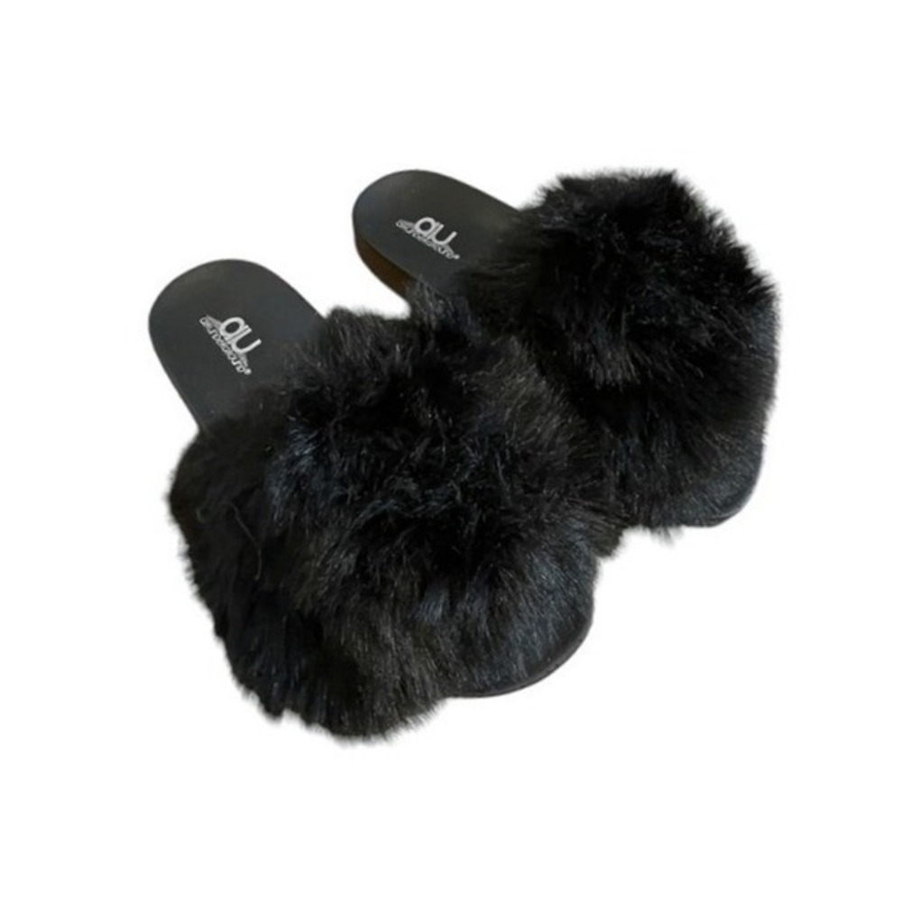 Air Underground‎ Black Faux Fur Slide Slippers Flat Sandal Shoes 11